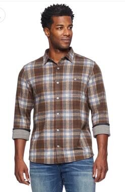 FLAG & ANTHEM Trimble Stretch Knit Brown Blue Plaid Shirt Size S